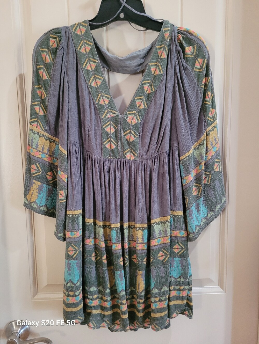 Free People Boho V-Neck Embroidered Grey & Teal Women's Blouse